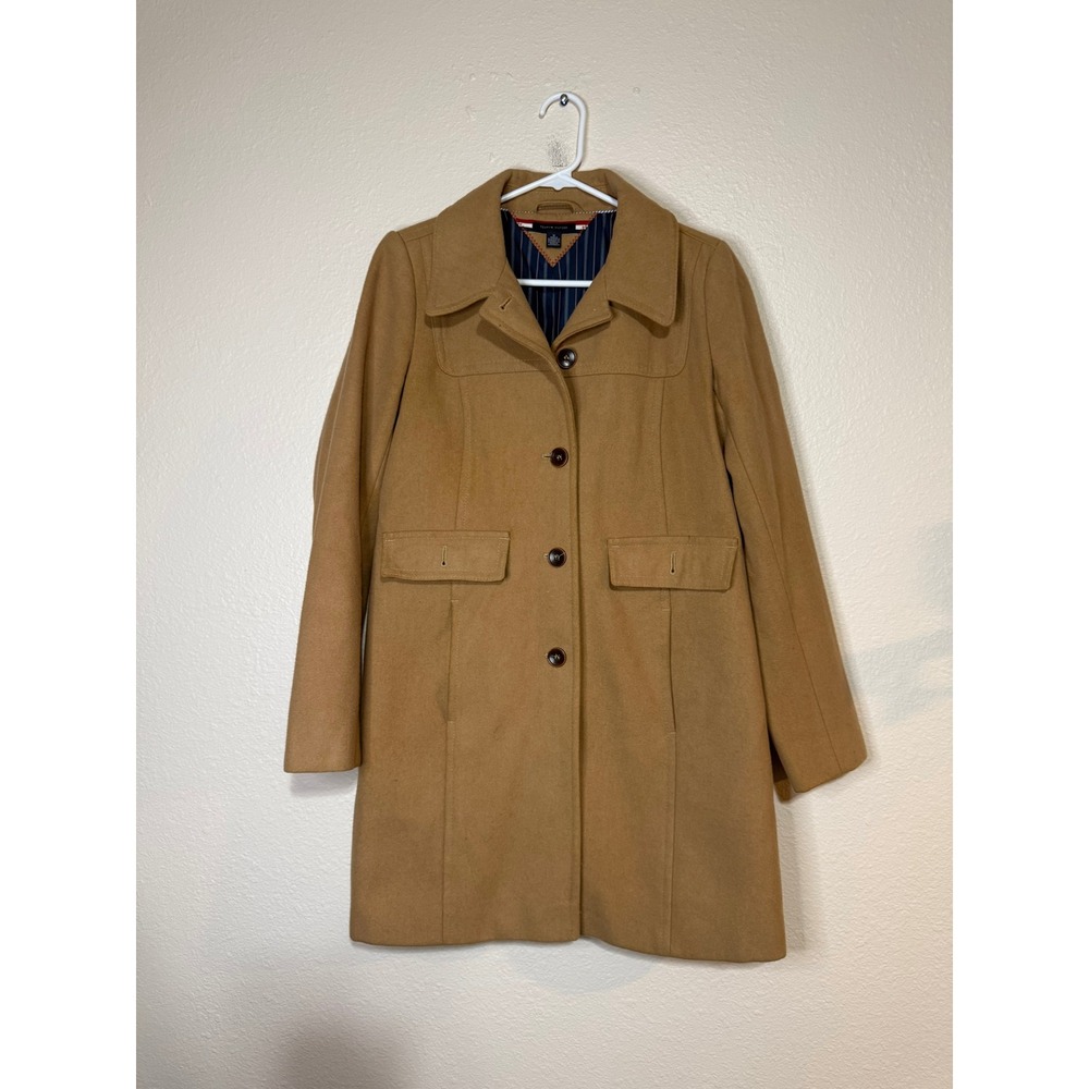 Tommy Hilfiger Womens Camel Tan Wool Blend Button Front Walker Coat Size Medium